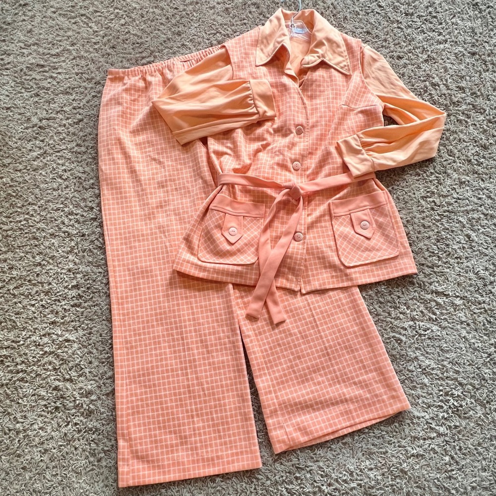 Vintage 70s Sears 3 Piece Pant Set Peach Grid Vest Blouse Wide Leg Trousers Sz S